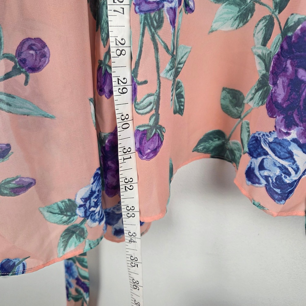 Susan Graver Peach Floral Chiffon Cardigan Kimono Ruffle Sleeve Robe 1X Feminine - Picture 10 of 11